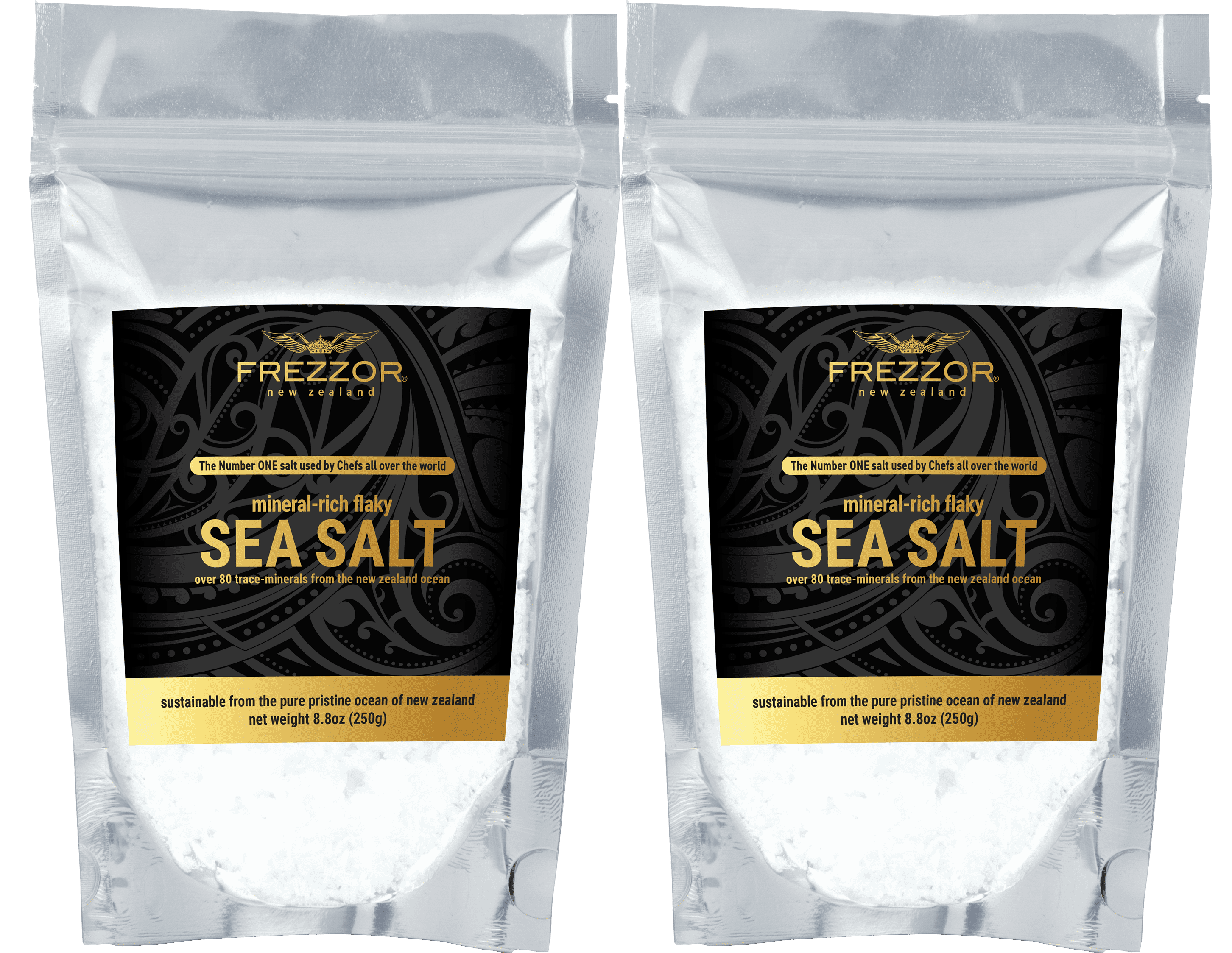 FREZZOR MINERAL-RICH FLAKY SEA SALT, 2-Pack, Premium Gourmet, Unprocessed Kosher Flakes, 84 Minerals & Trace Elements, 100% All-Natural, New Zealand Solar & Wind Harvested, Lab Certified, 14.8 Ounces