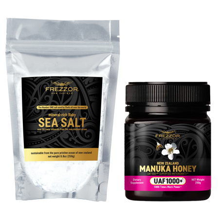 FREZZOR Mineral-Rich Flaky Salt Combo-Pack with FREZZOR Manuka Honey UAF1000+, Made in New Zealand, 100% All-Natural