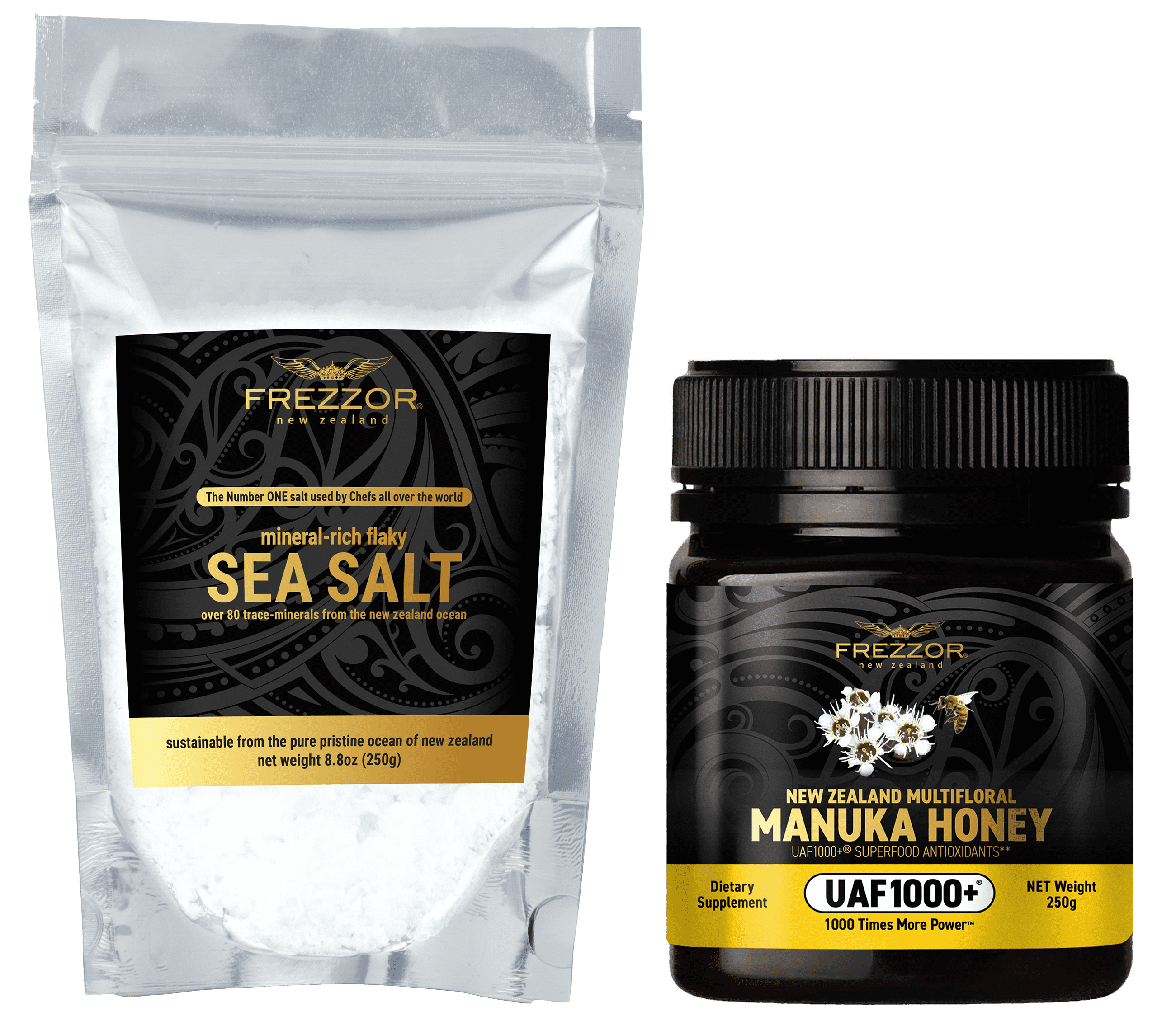 FREZZOR Mineral-Rich Flaky Salt Combo-Pack with FREZZOR Multifloral Manuka Honey UAF1000+, Made in New Zealand, 100% All-Natural