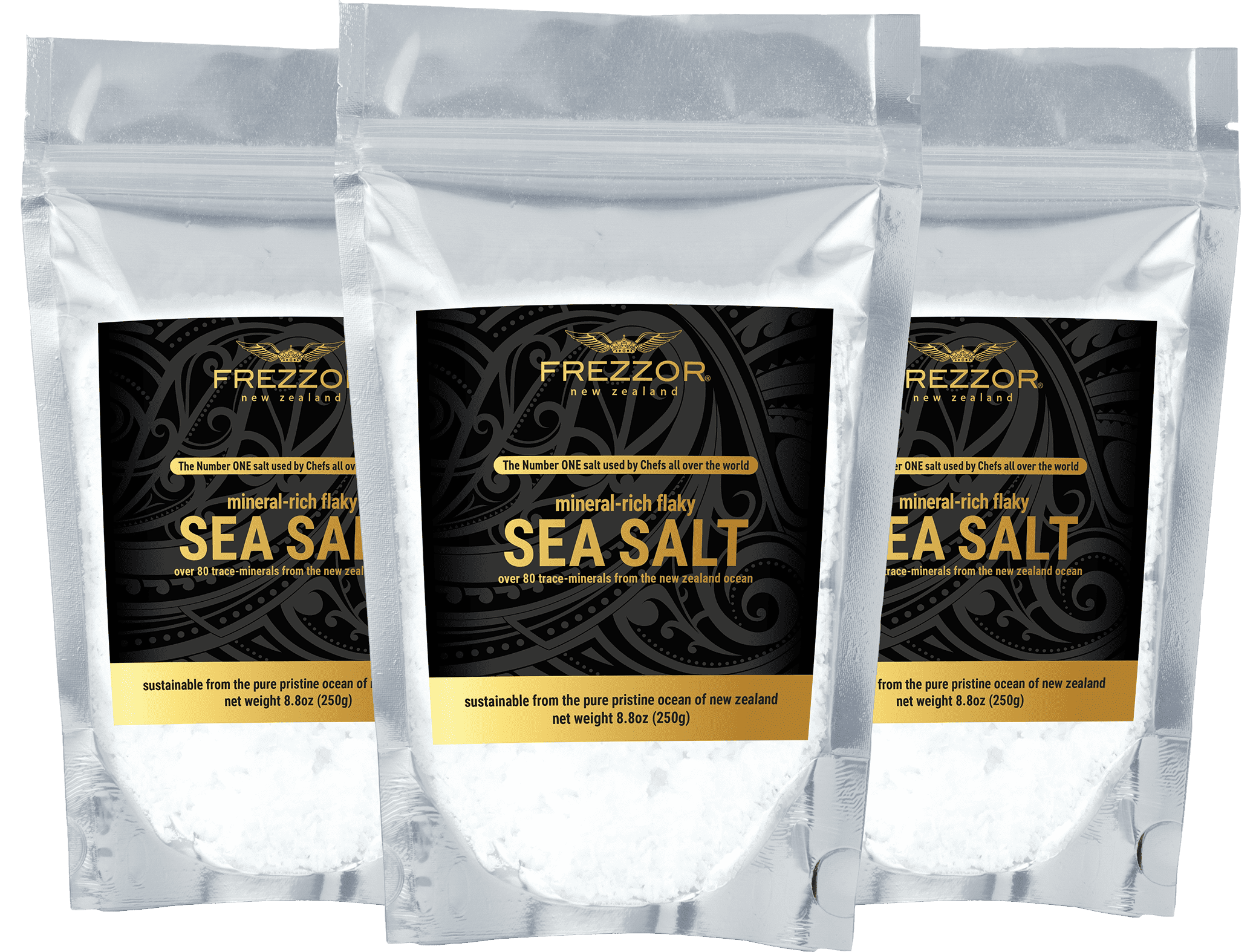 FREZZOR Mineral-Rich Flaky Sea Salt, 3-Pack, Premium Gourmet, 100% All-Natural New Zealand Unprocessed Kosher Flakes, 84 Minerals & Trace Elements, 29.6 Ounces