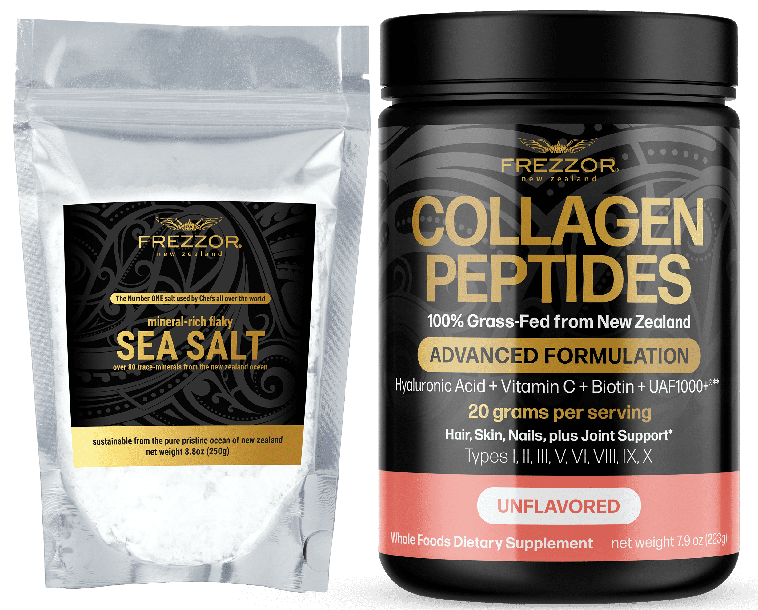 FREZZOR Mineral-Rich Flaky Sea Salt Combo-Pack with FREZZOR Pure Collagen Peptides, Made in New Zealand