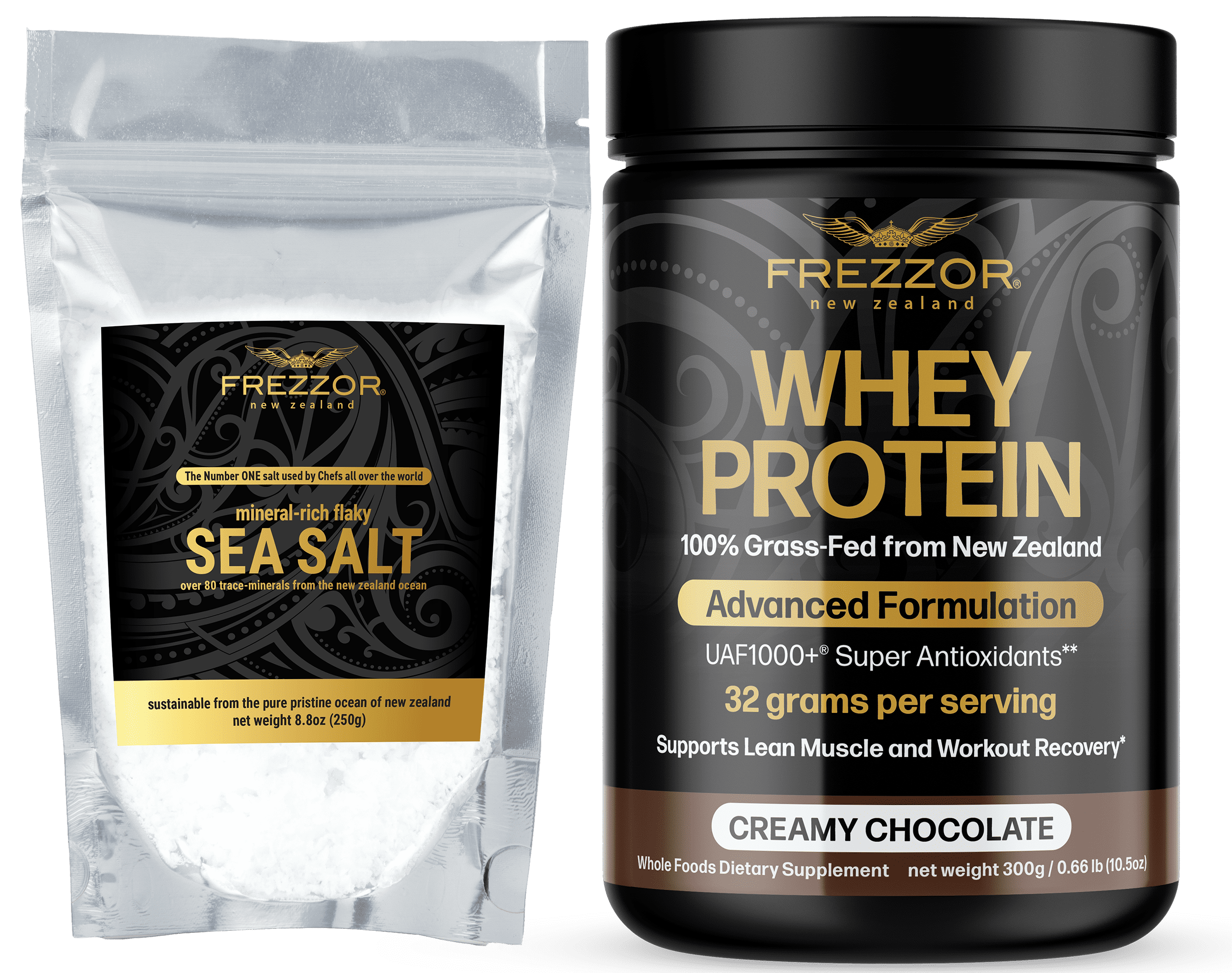 FREZZOR Mineral-Rich Flaky Sea Salt Combo-Pack with FREZZOR Whey Protein Chocolate, Made in New Zealand