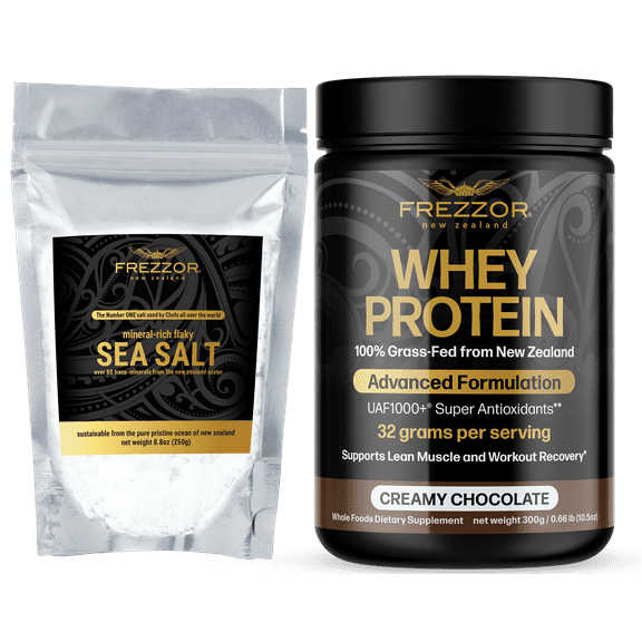 FREZZOR Mineral-Rich Flaky Sea Salt Combo-Pack with FREZZOR Whey Protein Chocolate, Made in New Zealand