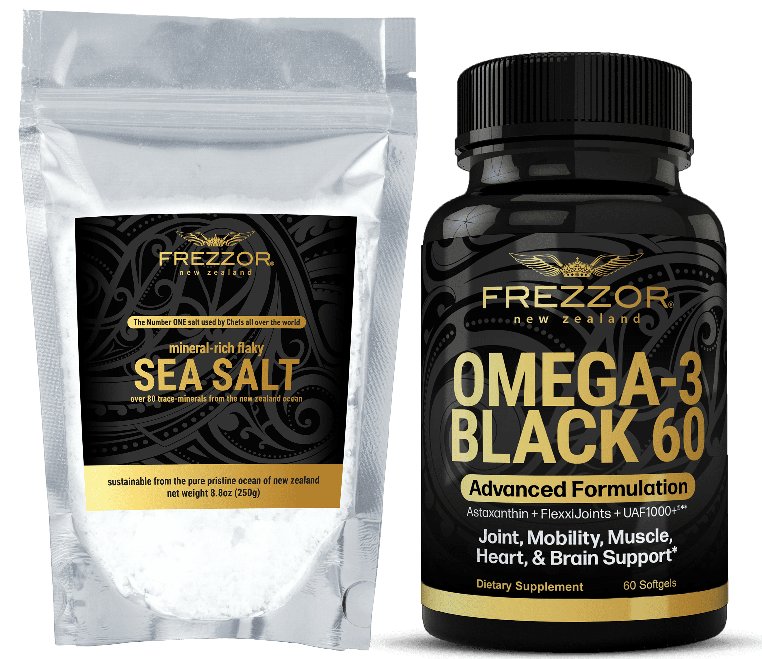 FREZZOR Mineral-Rich Flaky Sea Salt Combo-Pack with Omega-3 Black, 1 Jar, 60 Capsules