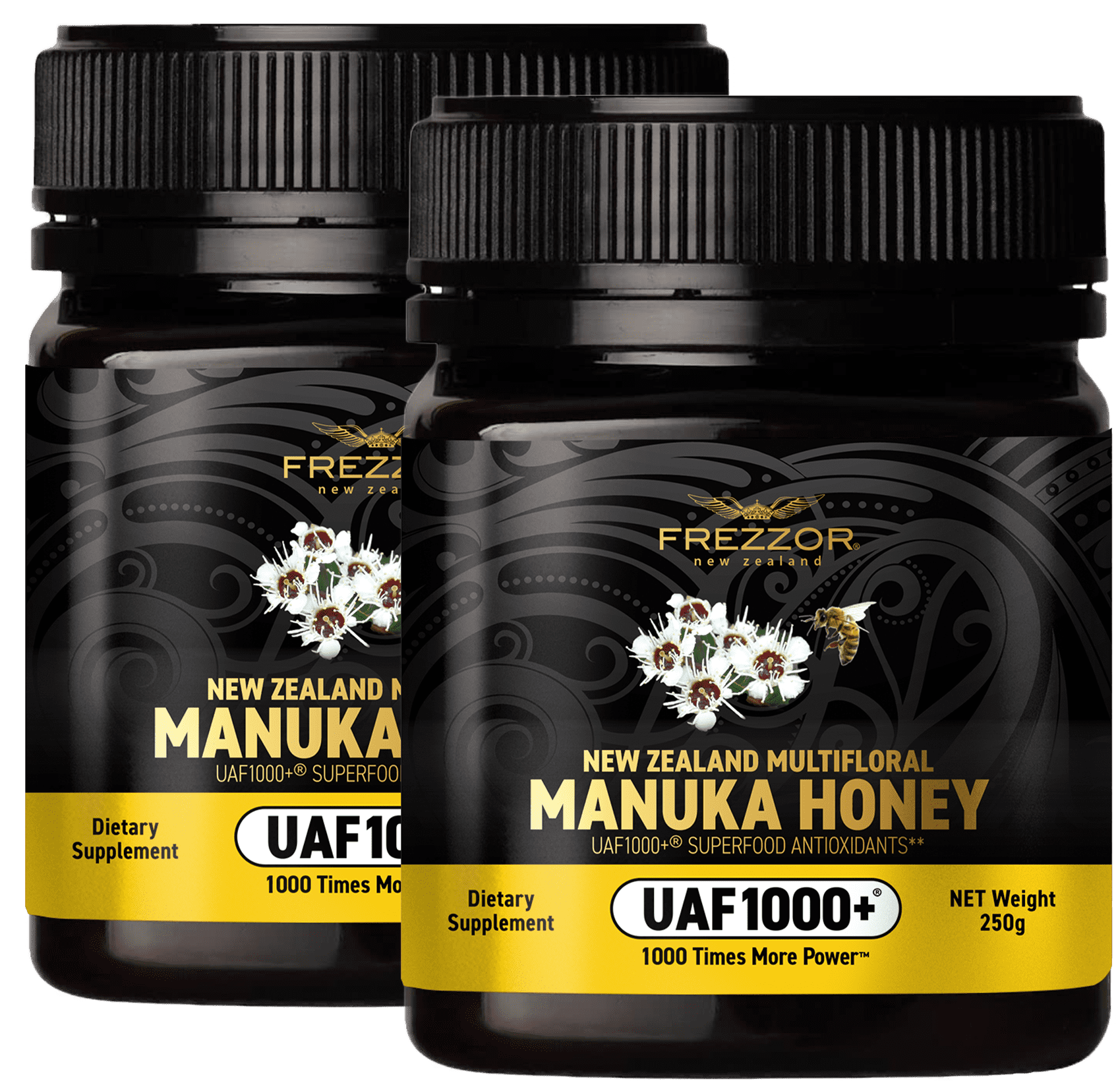 FREZZOR Multifloral Wild Manuka Honey New Zealand | Organic UAF1000+, Raw, Antibacterial, Anti-Inflammatory, Natural Antioxidants and Immune Support, 2 Jars