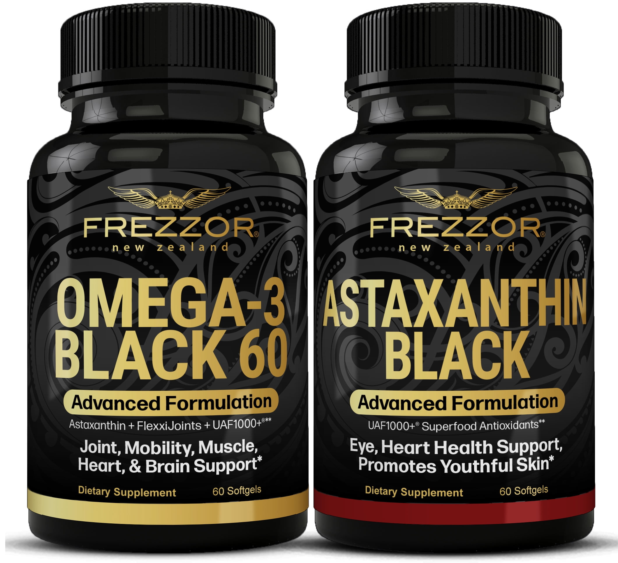 FREZZOR Omega 3 Black Green Lipped Mussel Oil, 53x Higher potency for Superior Joint Comfort & Mobility, No Fishy Aftertaste, 1 Bottle, 60 Softgels plus 1 Bottle of Astaxanthin