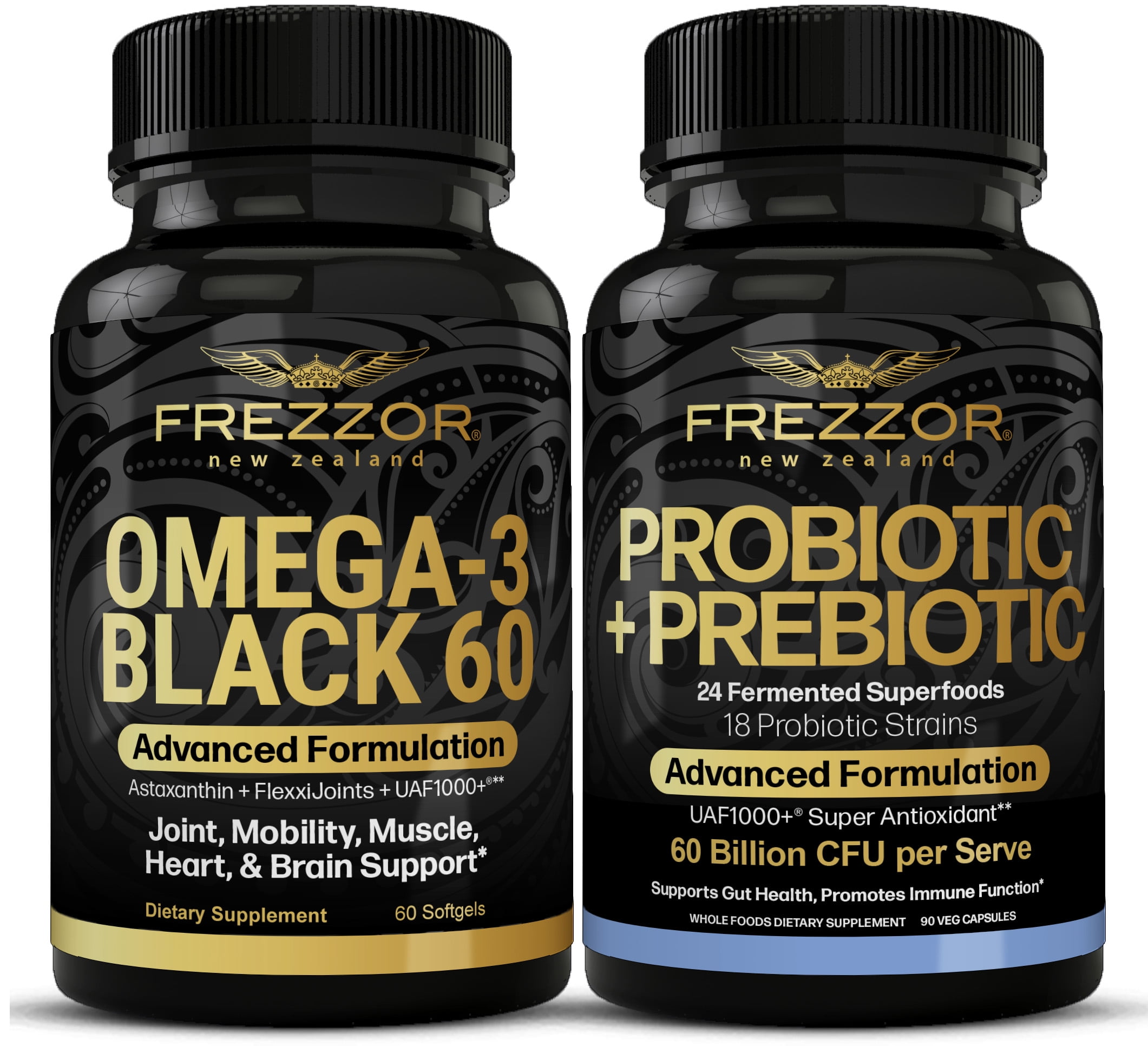 FREZZOR Omega 3 Black Green Lipped Mussel Oil, 53x Higher potency for Superior Joint Comfort & Mobility, No Fishy Aftertaste, 1 Bottle, 60 Softgels plus 1 Bottle of Probiotic +Prebiotic