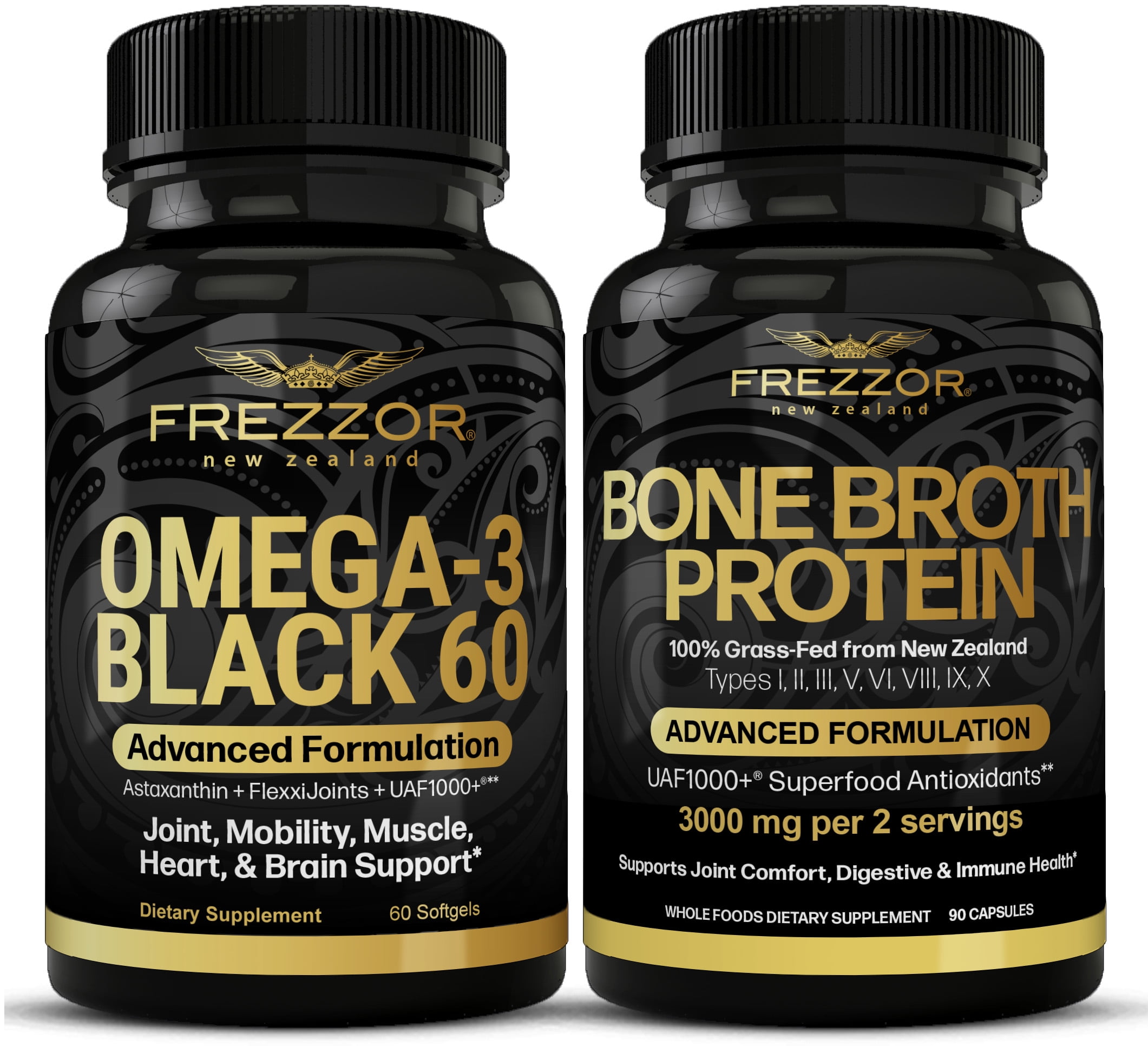 FREZZOR Omega 3 Black Green Lipped Mussel Oil, 53x Higher potency for Superior Joint Comfort & Mobility, No Fishy Aftertaste, 1 Bottle, 60 Softgels plus 1 Bottle of Bone Broth Protein