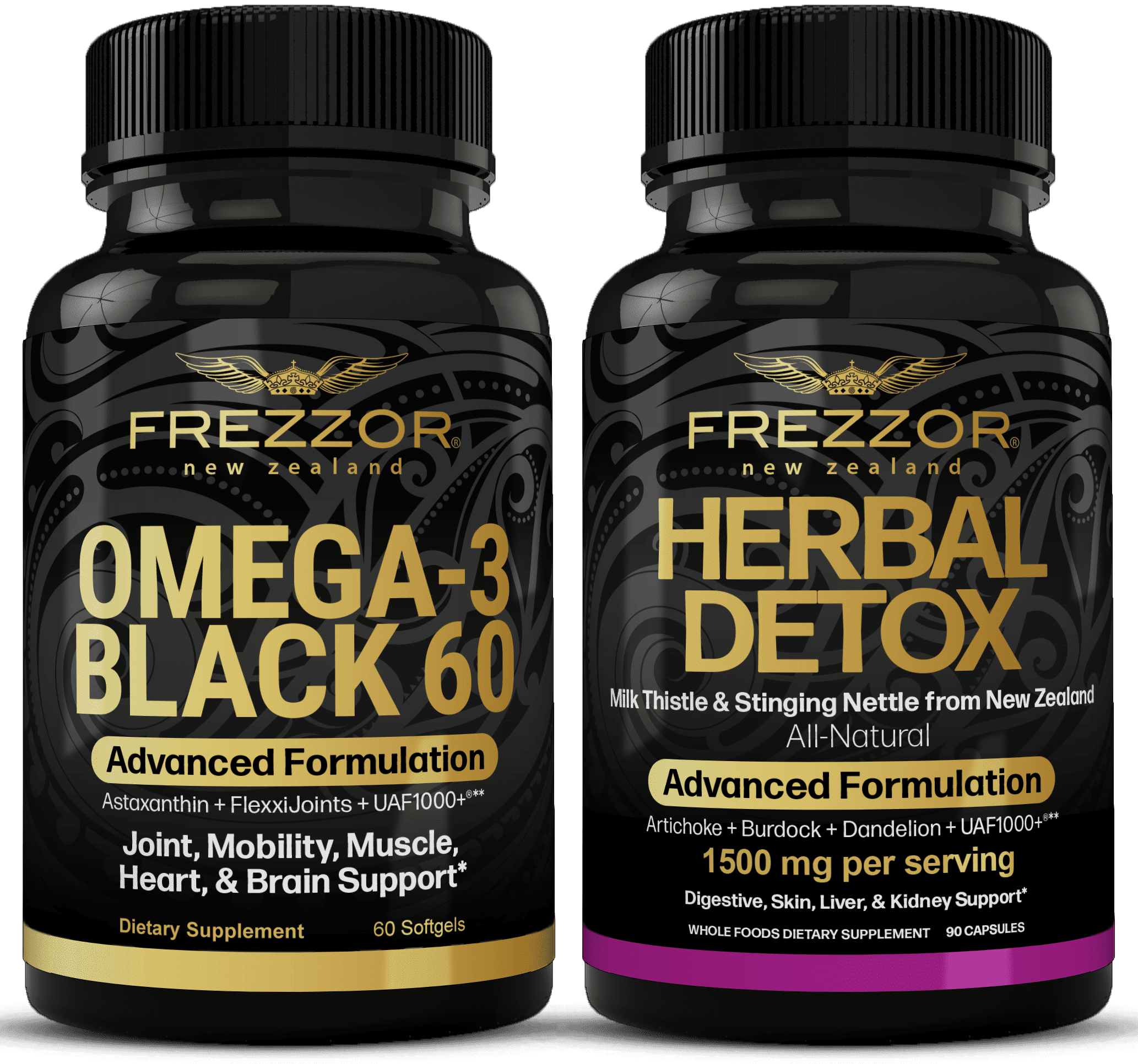 FREZZOR Omega 3 Black Green Lipped Mussel Oil, 53x Higher potency for Superior Joint Comfort & Mobility, No Fishy Aftertaste, 1 Bottle, 60 Softgels plus 1 Bottle of Herbal Detox