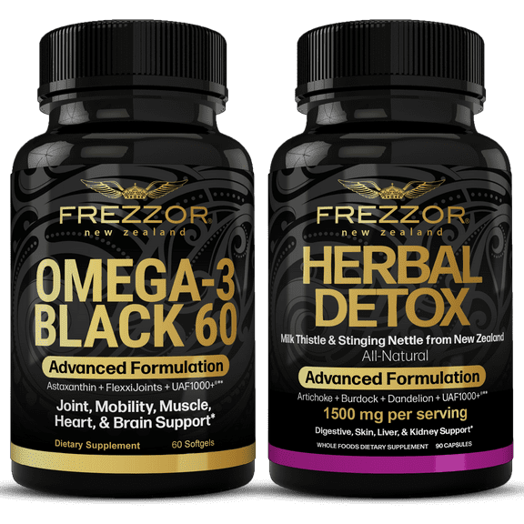FREZZOR Omega 3 Black Green Lipped Mussel Oil, 53x Higher potency for Superior Joint Comfort & Mobility, No Fishy Aftertaste, 1 Bottle, 60 Softgels plus 1 Bottle of Herbal Detox