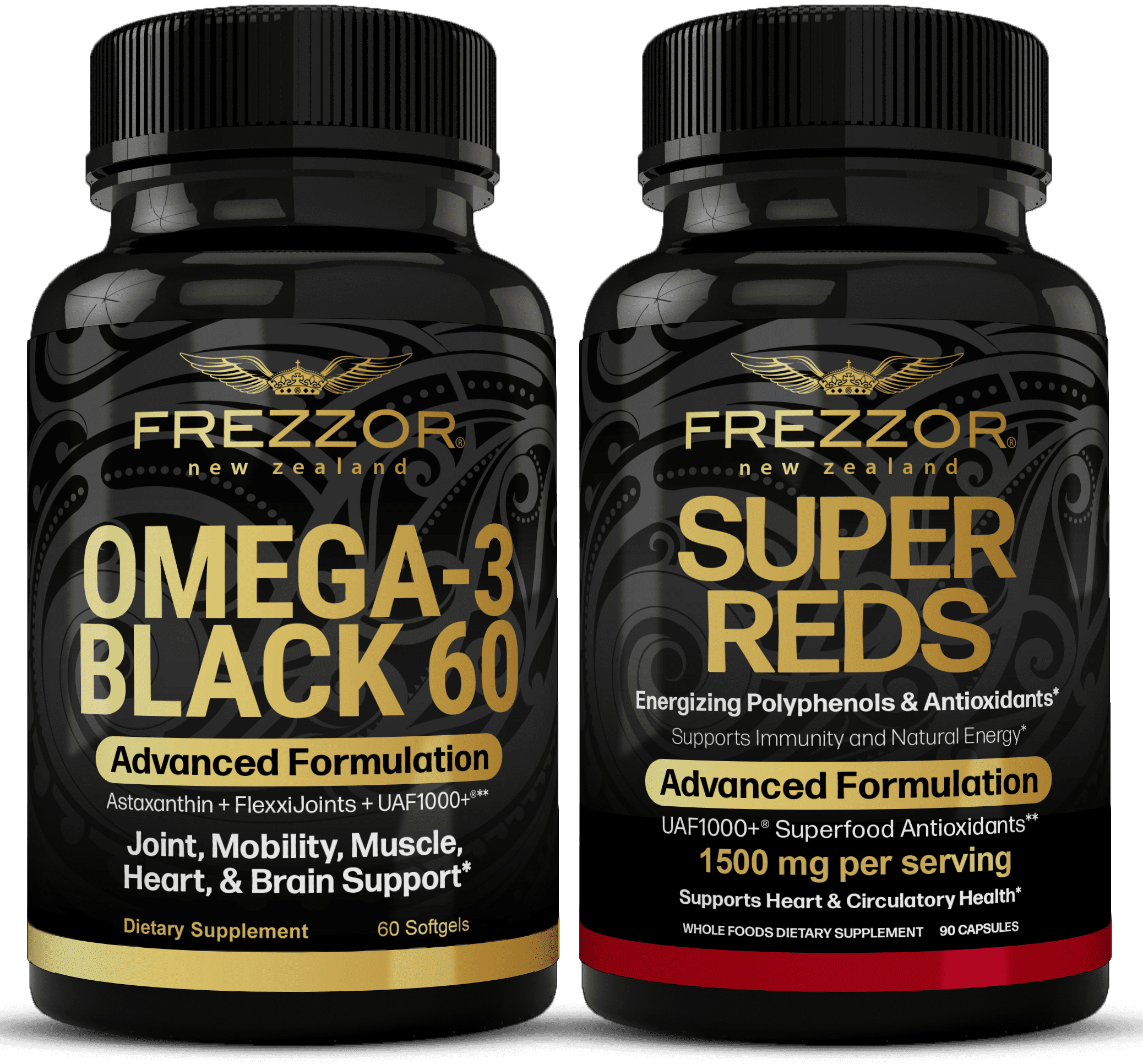 FREZZOR Omega 3 Black Green Lipped Mussel Oil, 53x Higher potency for Superior Joint Comfort & Mobility, No Fishy Aftertaste, 1 Bottle, 60 Softgels plus 1 Bottle of Super Reds
