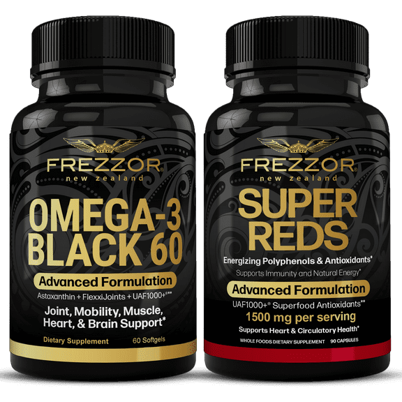 FREZZOR Omega 3 Black Green Lipped Mussel Oil, 53x Higher potency for Superior Joint Comfort & Mobility, No Fishy Aftertaste, 1 Bottle, 60 Softgels plus 1 Bottle of Super Reds