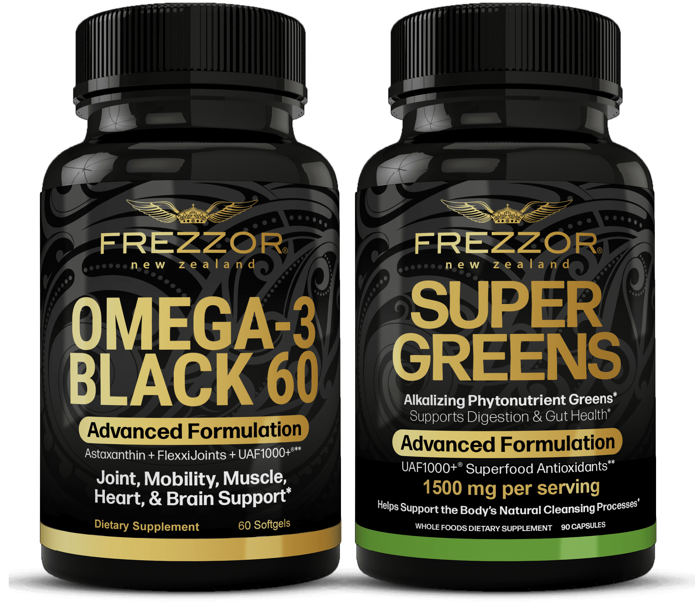 FREZZOR Omega 3 Black Green Lipped Mussel Oil, 53x Higher potency for Superior Joint Comfort & Mobility, No Fishy Aftertaste, 1 Bottle, 60 Softgels plus 1 Bottle of Super Greens