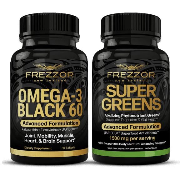 FREZZOR Omega 3 Black Green Lipped Mussel Oil, 53x Higher potency for Superior Joint Comfort & Mobility, No Fishy Aftertaste, 1 Bottle, 60 Softgels plus 1 Bottle of Super Greens