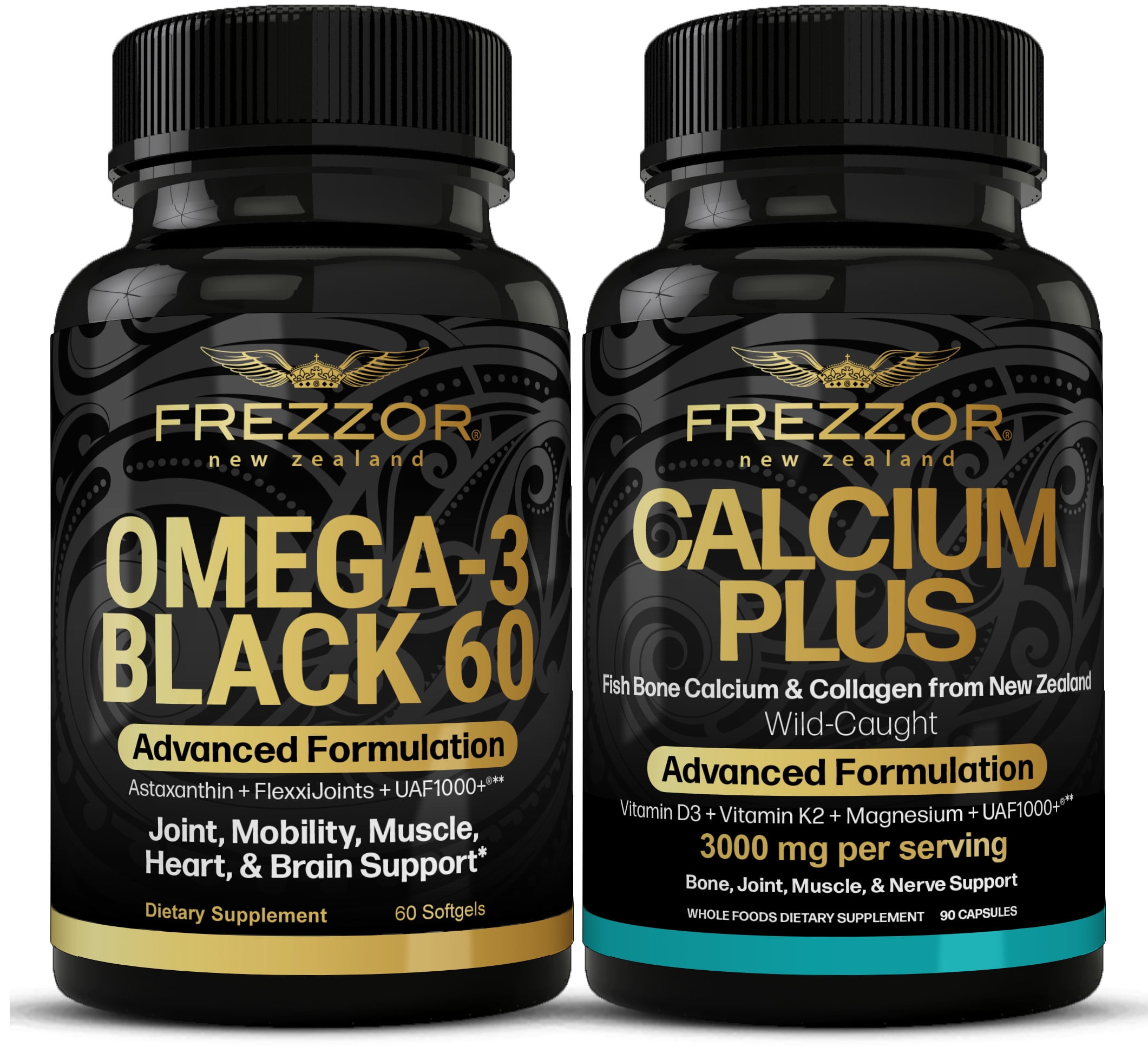 FREZZOR Omega 3 Black Green Lipped Mussel Oil, 53x Higher potency for Superior Joint Comfort & Mobility, No Fishy Aftertaste, 1 Bottle, 60 Softgels plus 1 Bottle of Calcium Plus