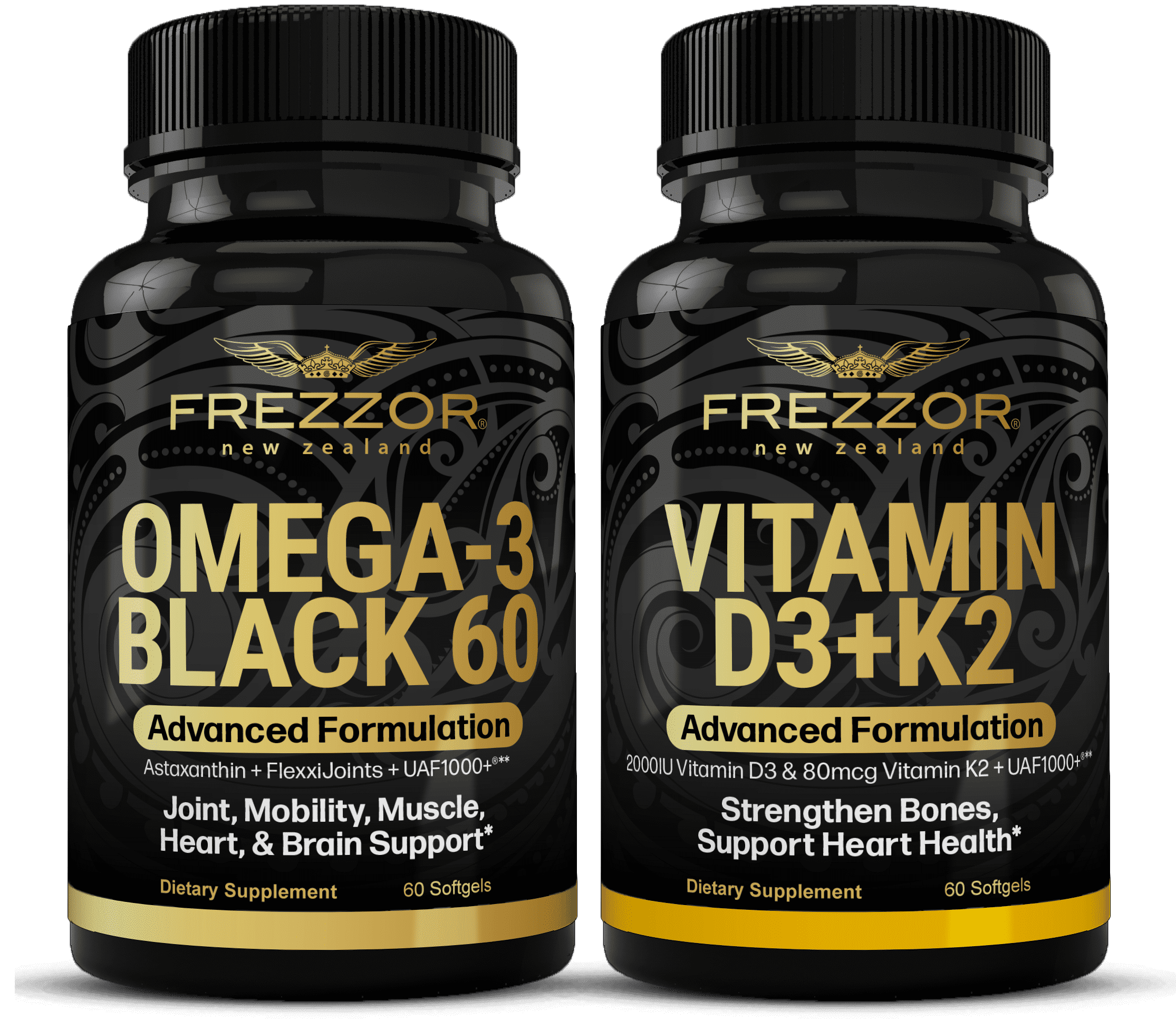 FREZZOR Omega 3 Black Green Lipped Mussel Oil, 53x Higher potency for Superior Joint Comfort & Mobility, No Fishy Aftertaste, 1 Bottle, 60 Softgels plus 1 Bottle of Vitamin D3+K2