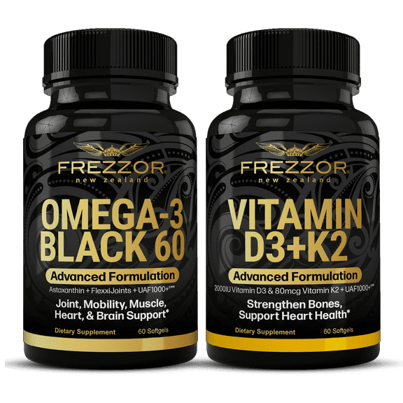 FREZZOR Omega 3 Black Green Lipped Mussel Oil, 53x Higher potency for Superior Joint Comfort & Mobility, No Fishy Aftertaste, 1 Bottle, 60 Softgels plus 1 Bottle of Vitamin D3+K2