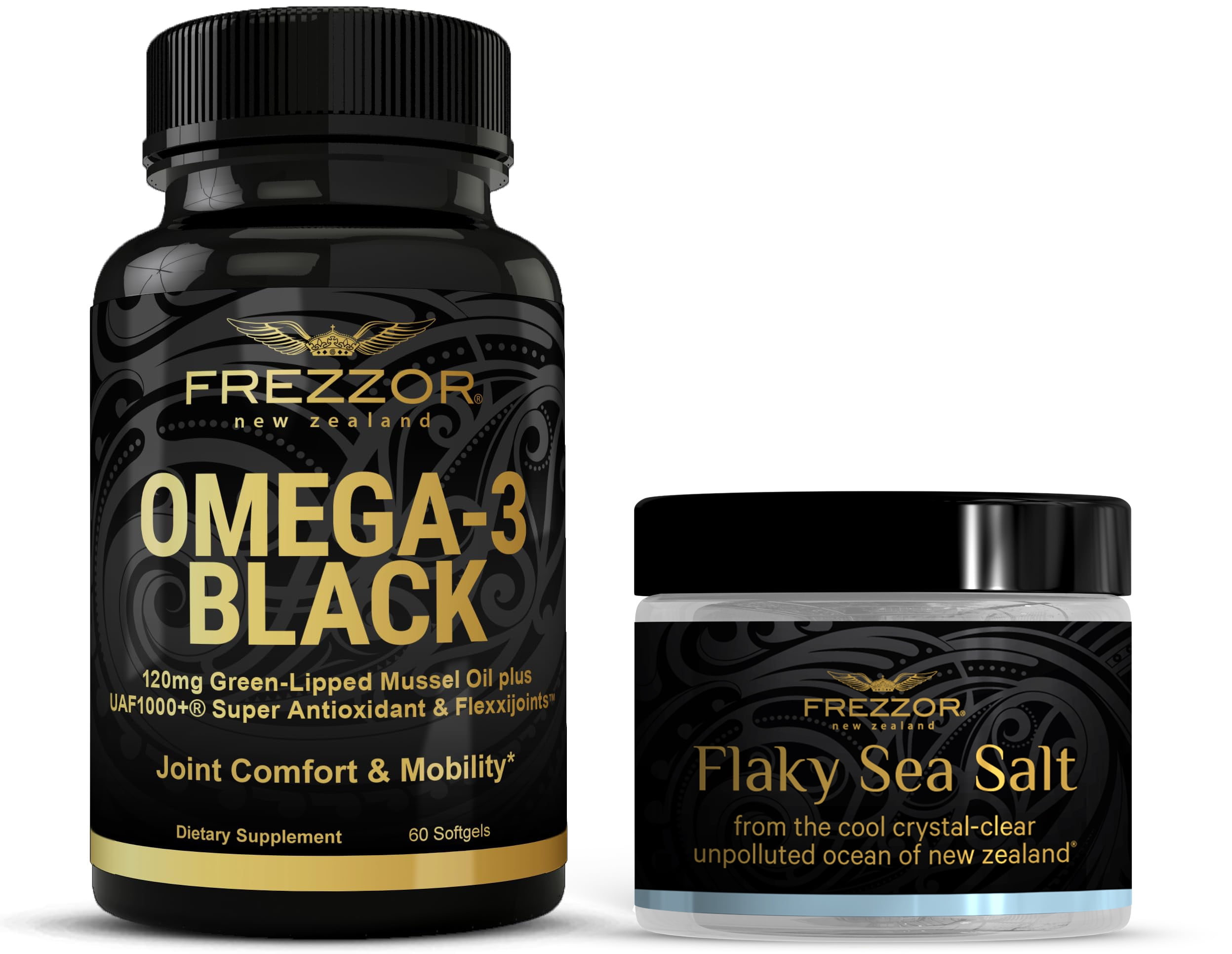 FREZZOR Omega 3 Black Green Lipped Mussel Oil, 53x Higher potency for Superior Joint Comfort & Mobility, No Fishy Aftertaste, 1 Bottle, 60 Softgels plus 1 jar of Flaky Sea Salt