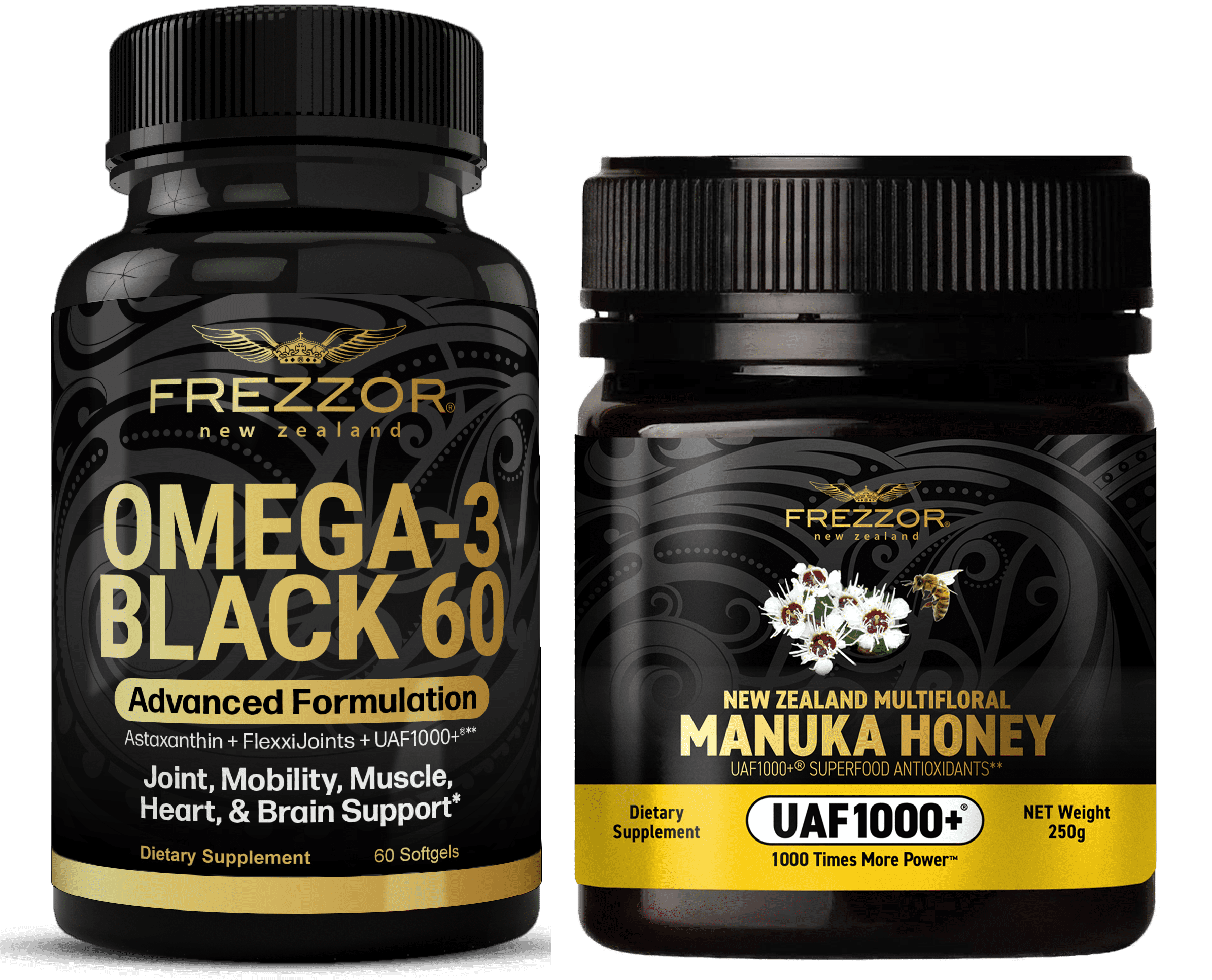 FREZZOR Omega 3 Black Green Lipped Mussel Oil, 53x Higher potency for Superior Joint Comfort & Mobility, No Fishy Aftertaste, 1 Bottle, 60 Softgels plus 1 jar of Multifloral Manuka Honey
