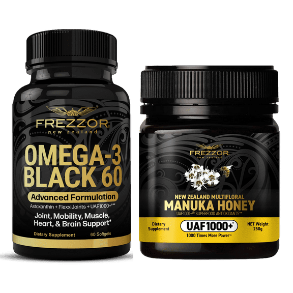 FREZZOR Omega 3 Black Green Lipped Mussel Oil, 53x Higher potency for Superior Joint Comfort & Mobility, No Fishy Aftertaste, 1 Bottle, 60 Softgels plus 1 jar of Multifloral Manuka Honey