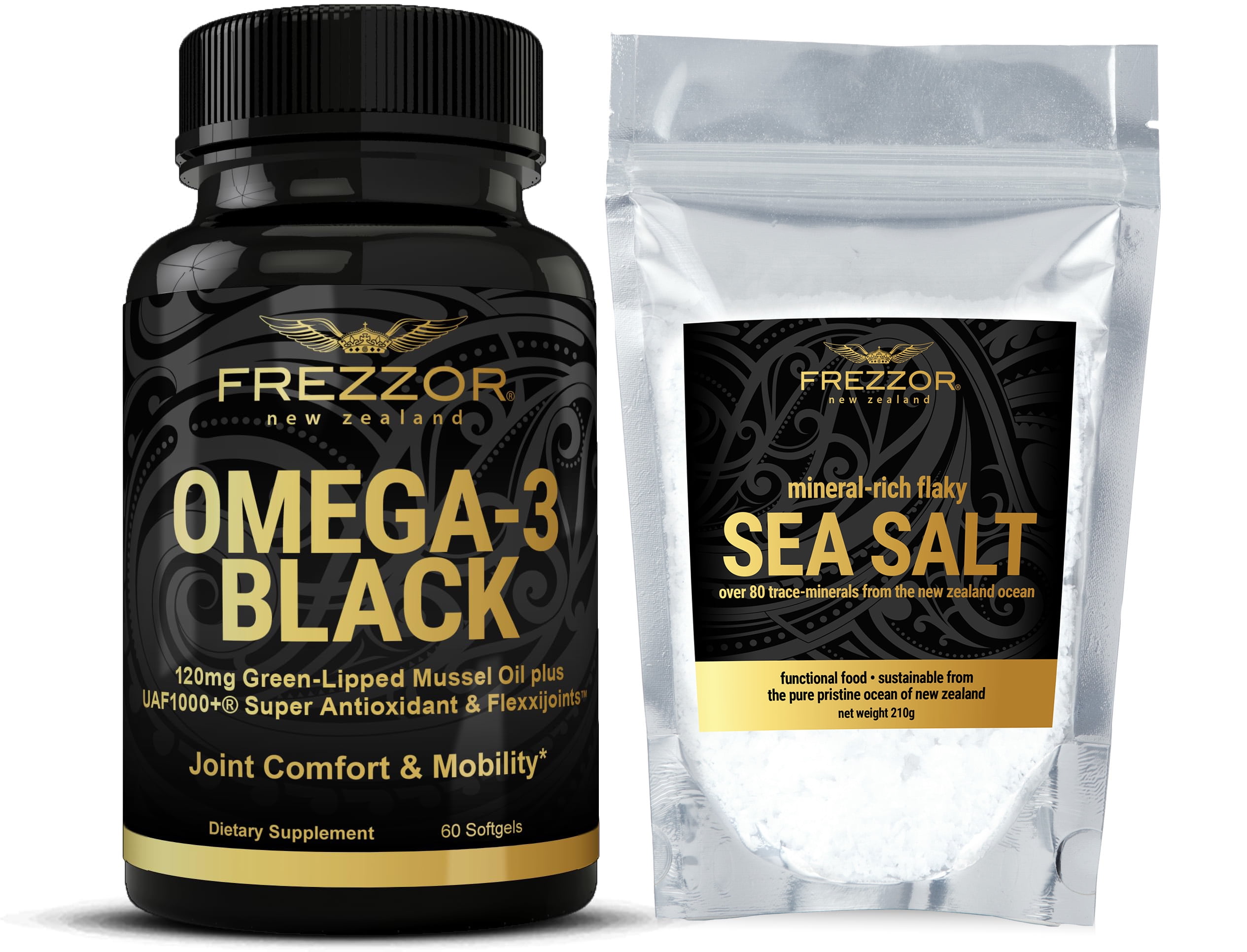 FREZZOR Omega 3 Black Green Lipped Mussel Oil, 53x Higher potency for Superior Joint Comfort & Mobility, No Fishy Aftertaste, 1 Bottle, 60 Softgels plus 1 pouch of Flaky Sea Salt