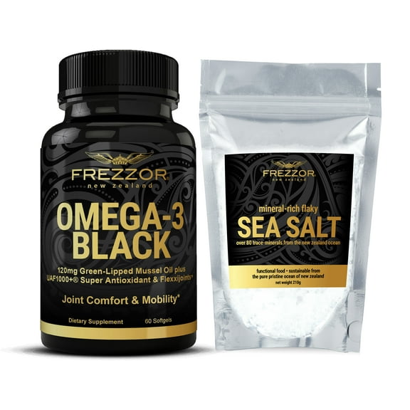 FREZZOR Omega 3 Black Green Lipped Mussel Oil, 53x Higher potency for Superior Joint Comfort & Mobility, No Fishy Aftertaste, 1 Bottle, 60 Softgels plus 1 pouch of Flaky Sea Salt