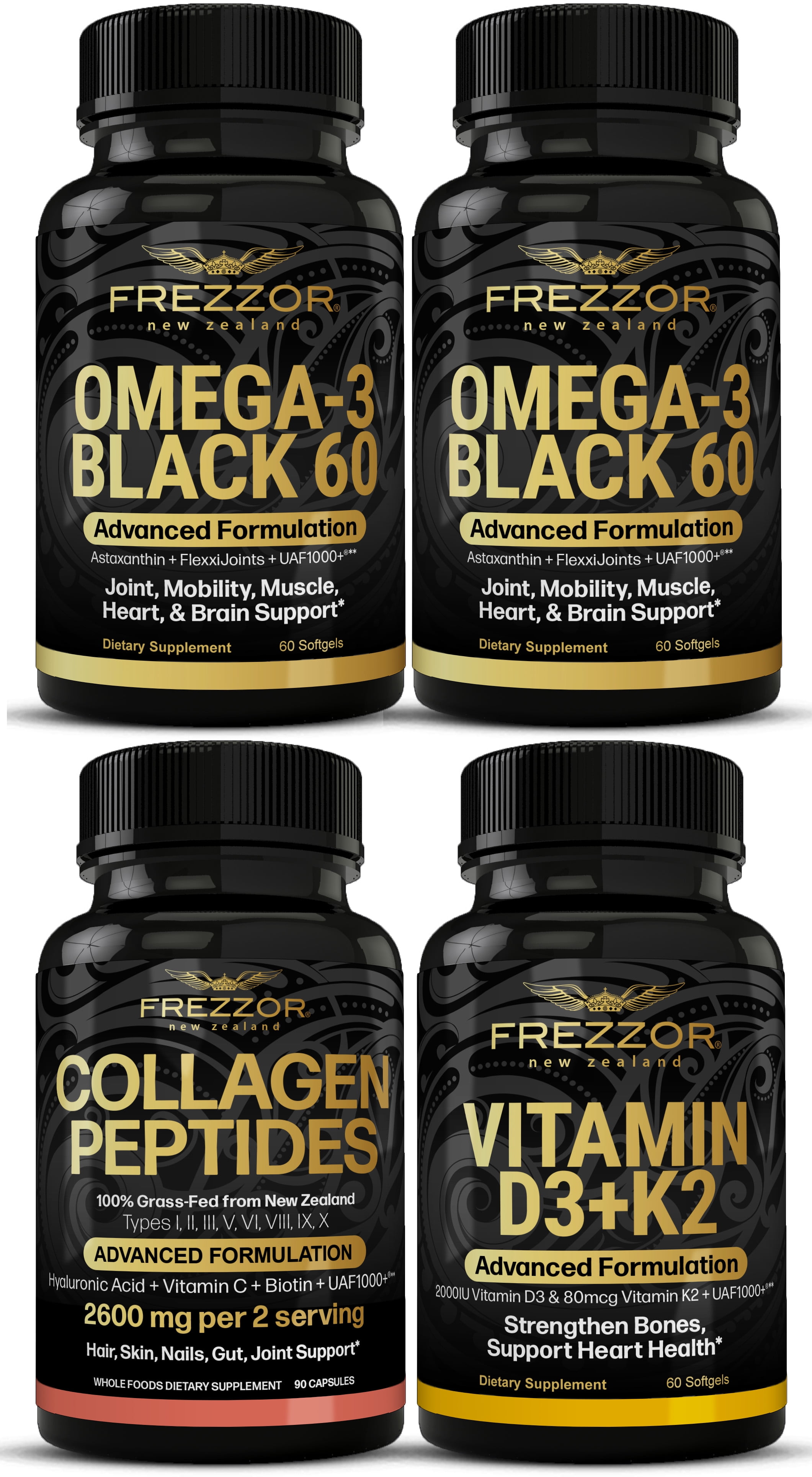 FREZZOR Omega 3 Black Green Lipped Mussel Oil, Superior Joint Comfort & Mobility, No Fishy Aftertaste, 2 Bottle, 120 Softgels Plus 1 Bottle of Collagen Peptides and 1 Bottle of Vitamin D3+K2