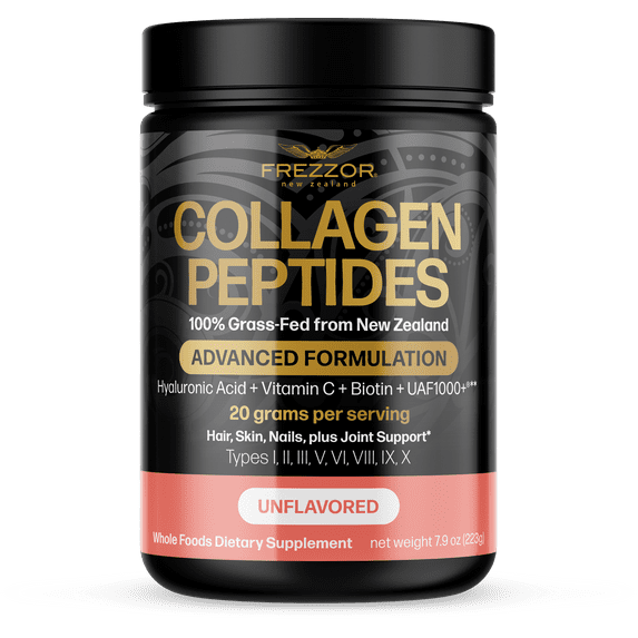 FREZZOR Collagen Peptides Powder – 100% Grass-Fed NZ Beef Bone Broth, Types I, II, III, V, VI, VII, IX, X + Vitamin C & Zinc 7.9oz 1 bottle