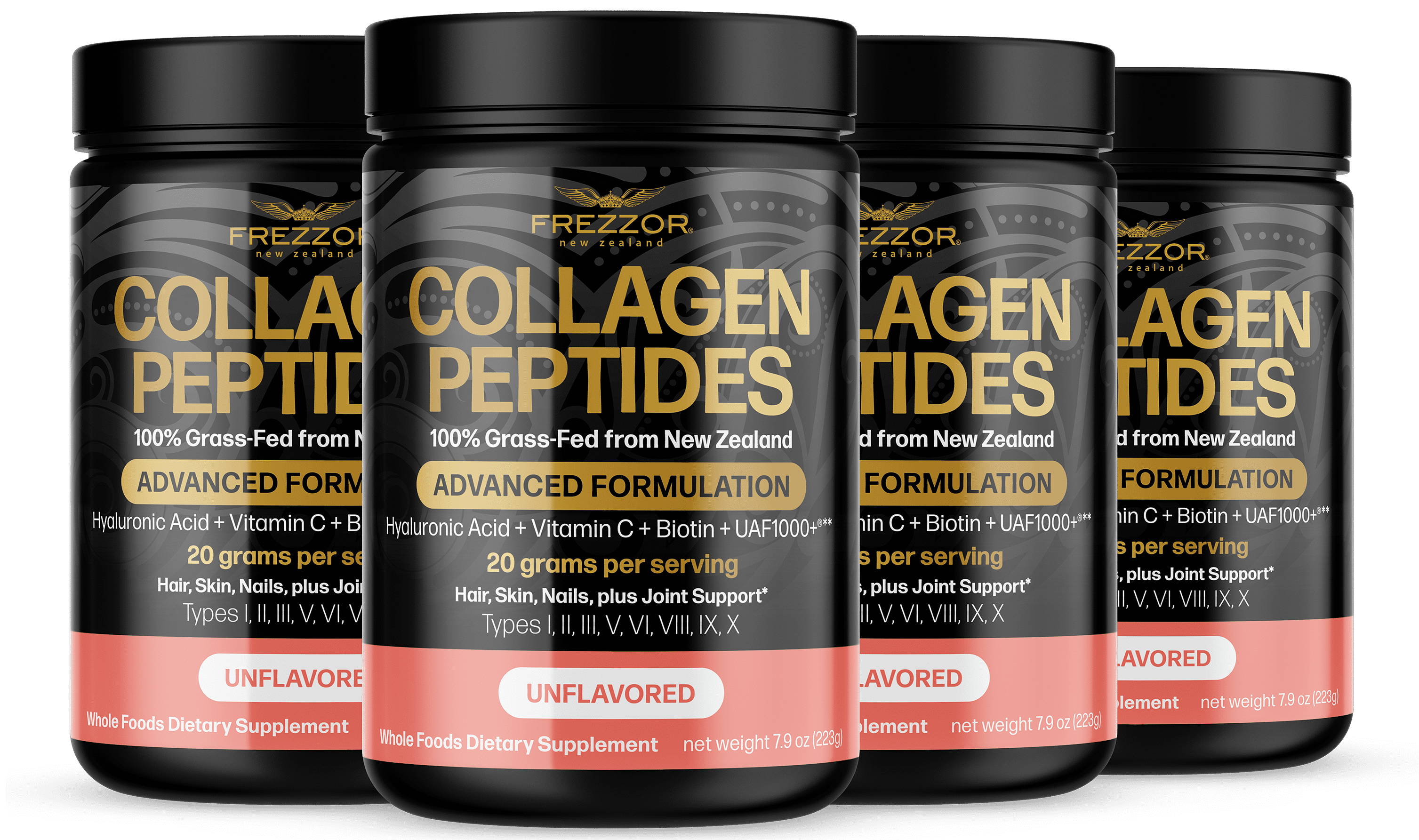 FREZZOR Pure Collagen Peptides Powder Supplement 4-Pack, 100% Grass-Fed New Zealand Cattle Source, 4 Bottles, 900 Grams
