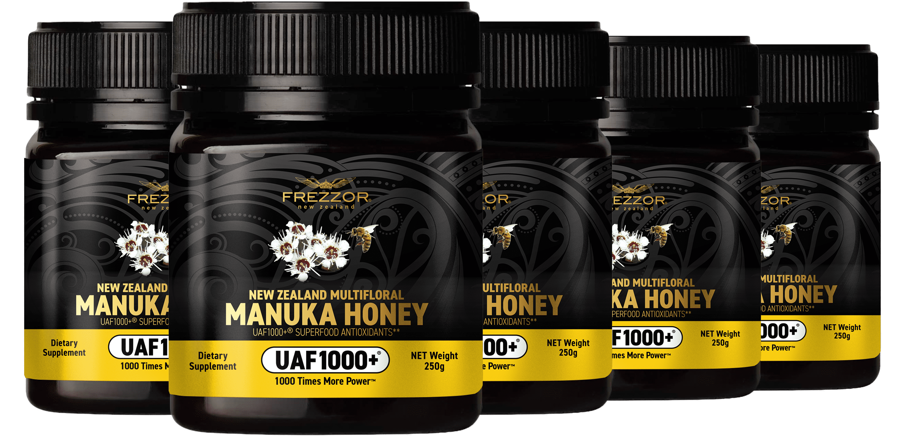 FREZZOR Raw Multifloral New Zealand Wild Manuka Honey, UAF1000+, Winter Immune Support, 5 Jars