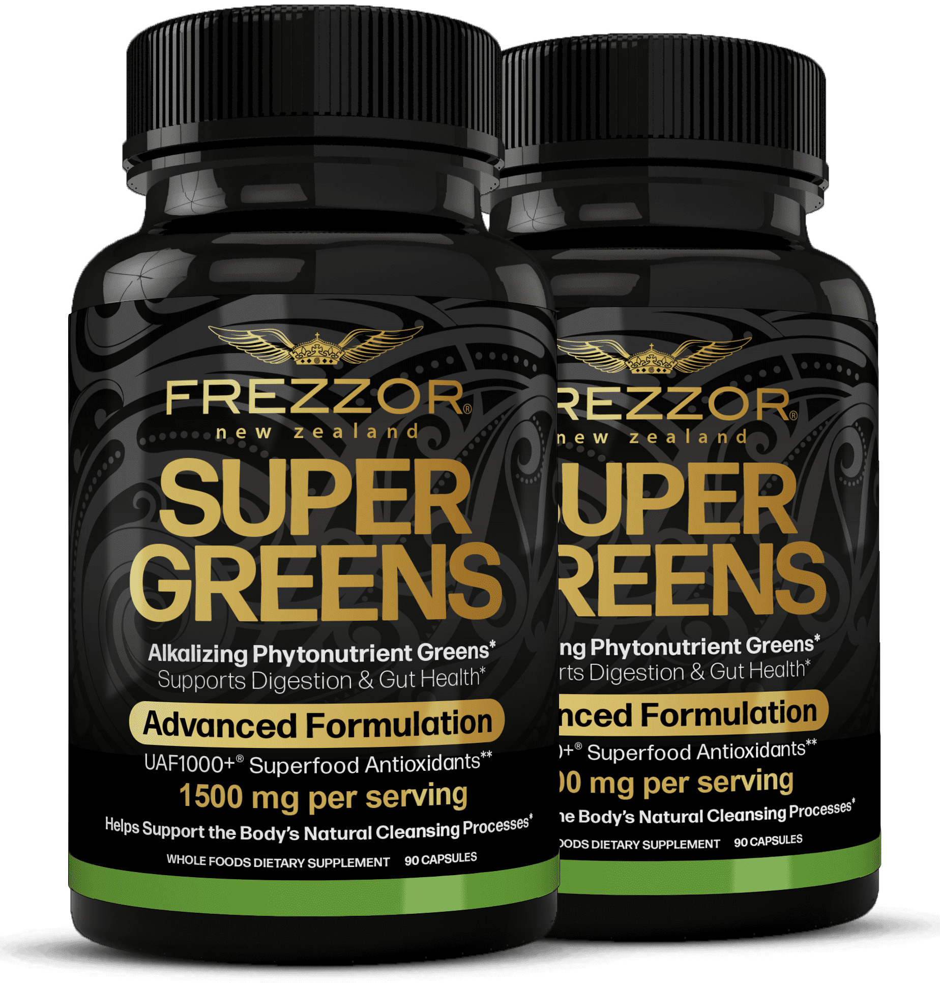 FREZZOR Super Greens Capsules with UAF1000+, Wheat Grass Supplement, 180 Count, 2 Bottle