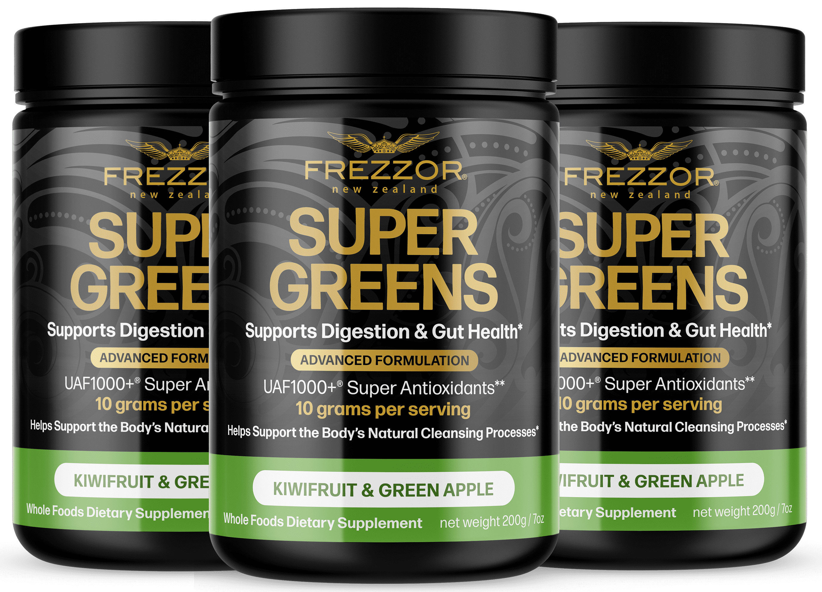 FREZZOR Super Greens Powder with UAF1000+, Wheat Grass Supplement, 300g, 3 Bottles