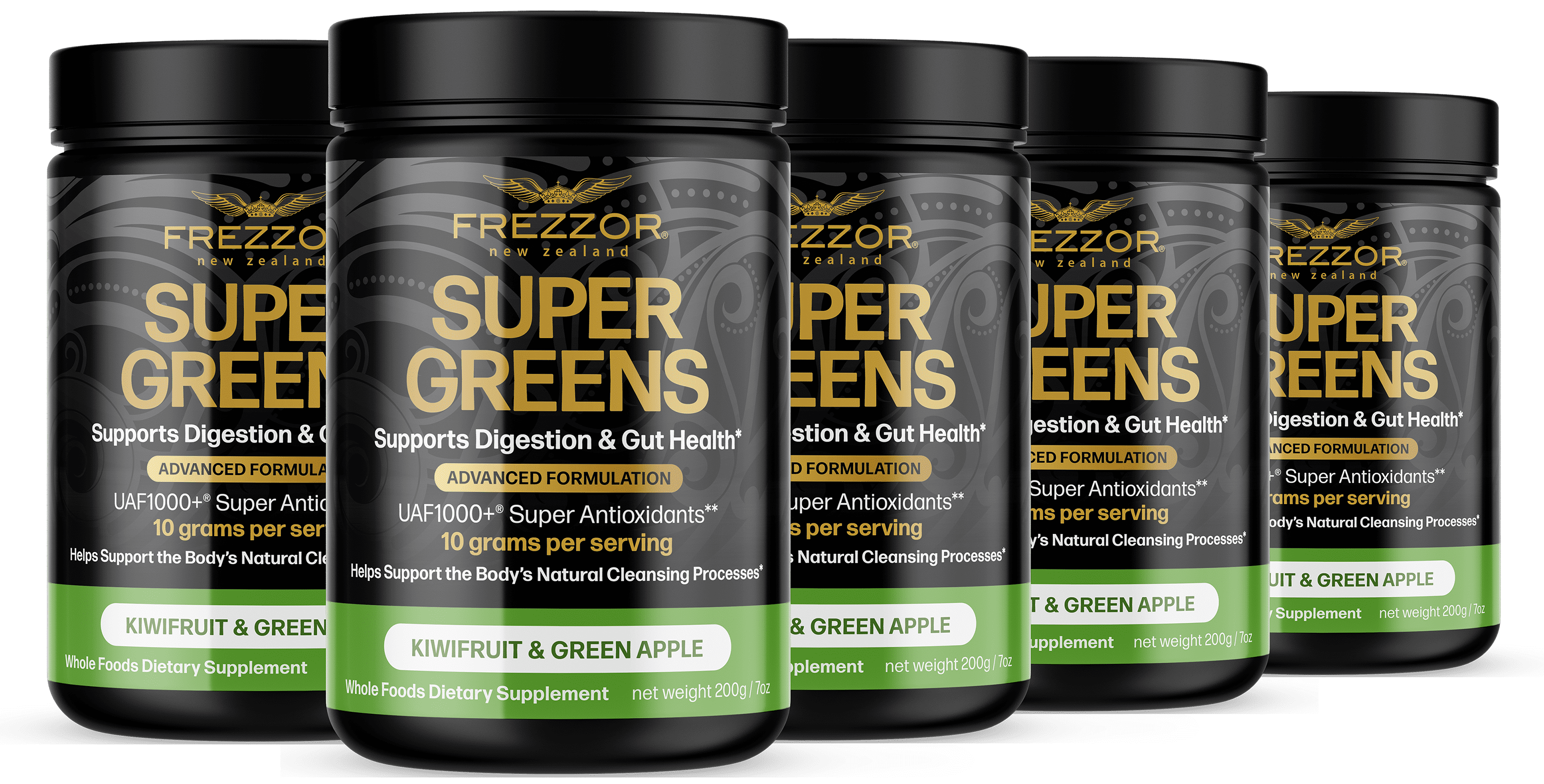 FREZZOR Super Greens Powder with UAF1000+, Wheat Grass Supplement, 300g, 5 Bottles