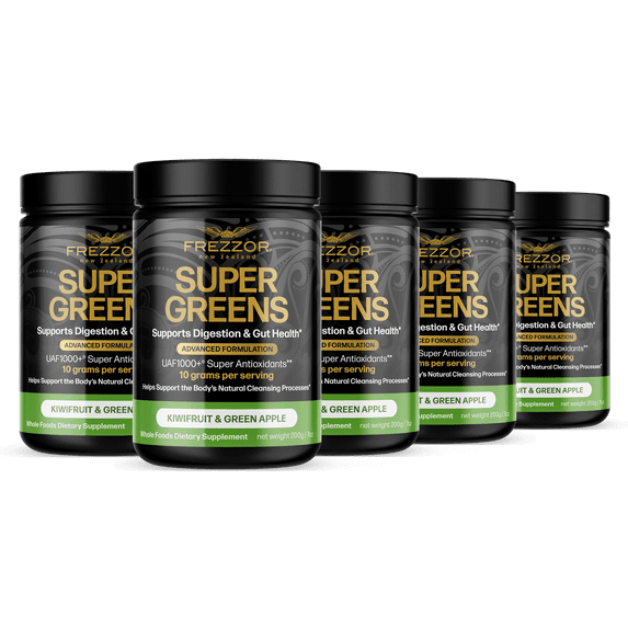 FREZZOR Super Greens Powder with UAF1000+, Wheat Grass Supplement, 300g, 5 Bottles
