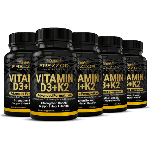 FREZZOR Vitamin D3 Supplement, Vitamin K2 and D3, Premium Bone Health Supplement, 5 Bottles, 300 Capsules