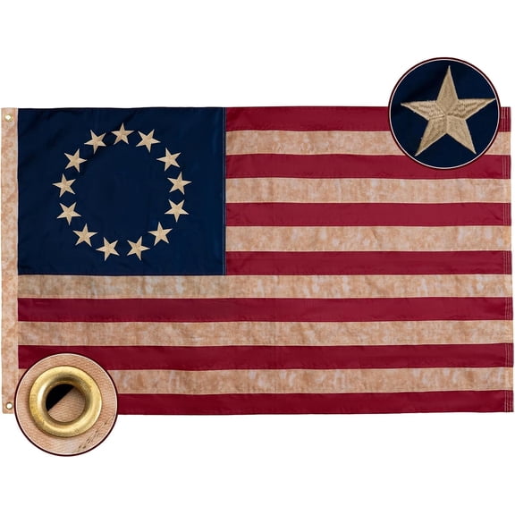 FRF FLAGS Embroidered Tea Stained Betsy Ross Flag 3x5 ft Outdoor Heavy Duty Vintage 13 Star American Flags for 250th Anniversary Colonial Flag Outdoor