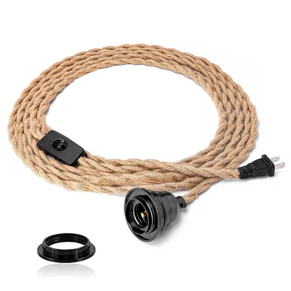 FRIDEKO HOME 15FT Plug in Pendant Light Fixture with Switch, Hemp Rope Swag E26/E27 Socket Pendant Lamp, Industrial Hanging Light Kit for Farmhouse Pendant Light Extension Cable DIY