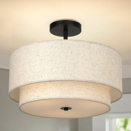 FRIDEKO HOME 16inch Semi Flush Mount Ceiling Light, 3-Light Ceiling Light with 2-Layer Linen Fabric Shade, Farmhouse Drum Ceiling Lighting for Bedroom Hallyway Dining Room Kitchen(Withou Bulb)