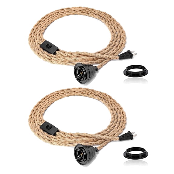 FRIDEKO HOME 2 Pack 15FT Plug in Pendant Light Fixture with Switch, Hemp Rope Swag E26/E27 Socket Pendant Lamp, Industrial Hanging Light Kit for Farmhouse Pendant Light Extension Cable DIY