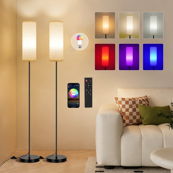 FRIDEKO HOME 2 Pack 67" Floor Lamp with Smart RGB Bulb, with 16 Million DIY Colors and 20 Modes, Music Sync, Timer Setting, APP or Remote Control, Beige Standing Lamp