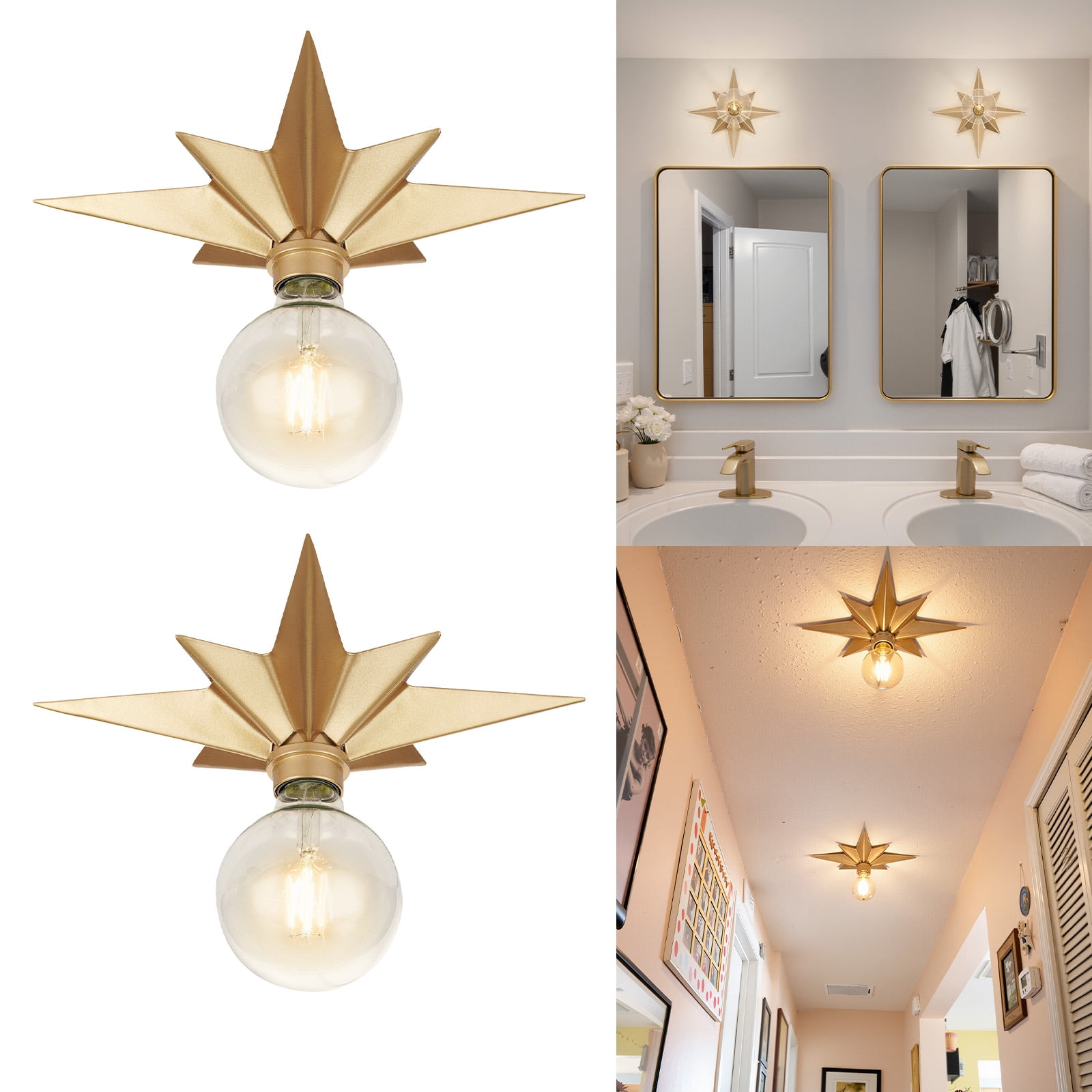 FRIDEKO HOME 2 Pack 12" Flush Mount Ceiling Lights, Gold Metal Star Light Fixtures, E26 Base, Vintage Ceiling Light Fixtures for Hallway, Foyer, Kitchen, Porch, Bathroom (Without Bulb)