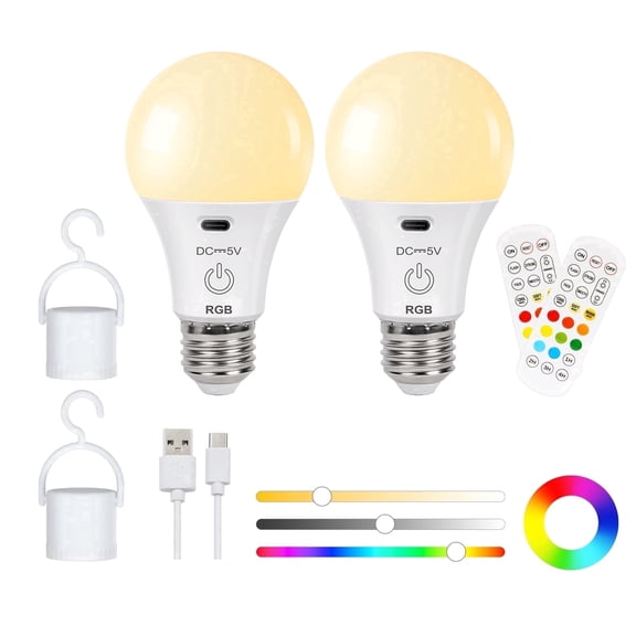 FRIDEKO HOME 2 Packs 2600mAh Rechargeable Battery Operated LED Light Bulb with Remote Control, 11 Colors Dimmable RGB Bulb, E26 Base, 4 Timer Setting, Type-C Charging