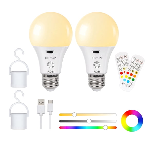 FRIDEKO HOME 2 Pack Rechargeable Light Bulbs with Touch & Remote Control, Dimmable RGB Bulb, 11 Colors, 4 Timer, E26 Base, 2600mAh, Battery Operated Wireless Light Bulb for Sconces, Lamps