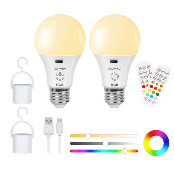 FRIDEKO HOME 2 Packs 2600mAh Rechargeable Battery Operated LED Light Bulb with Remote Control, 11 Colors Dimmable RGB Bulb, E26 Base, 4 Timer Setting, Type-C Charging