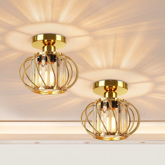FRIDEKO HOME 2 Pack Semi Flush Mount Ceiling Light Fixture, 7.5" Metal Cage Crystal Chandelier, Industrial Ceiling Lamps E26 Base for Entryway Bedroom Porch Kitchen - Gold (Bulb not included)