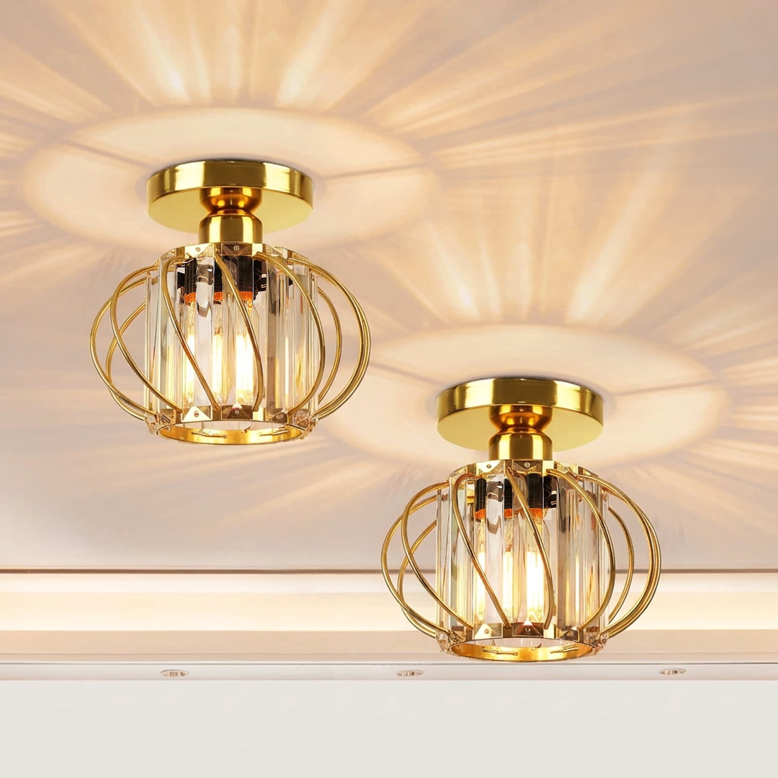 FRIDEKO HOME 2 Pack Gold Crystal Ceiling Light Fixtures, 7.5 in, E26 Base, Metal Cage, Small Semi Flush Mount Lights for Kitchen, Hallway, Porch, Bedroom, Foyer (Bulb not included)
