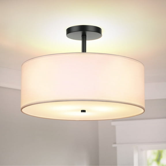 FRIDEKO HOME 3-Light Semi Flush Mount Ceiling Light, 15.74" Modern Black Drum Ceiling Light Fixture with White Fabric Shade for Bedroom,Living Room,Dinning Room,Hallway(Without Bulb)