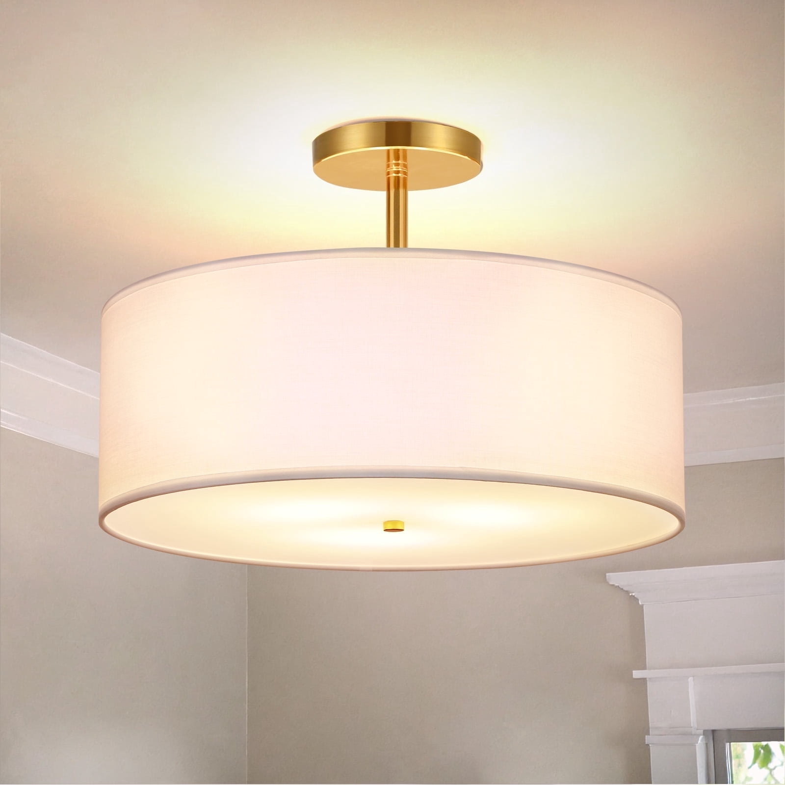 FRIDEKO HOME 3-Light Semi Flush Mount Ceiling Light, 15.74" Modern Gold Drum Ceiling Light Fixture with White Fabric Shade for Bedroom,Living Room,Dinning Room,Hallway(Without Bulb)