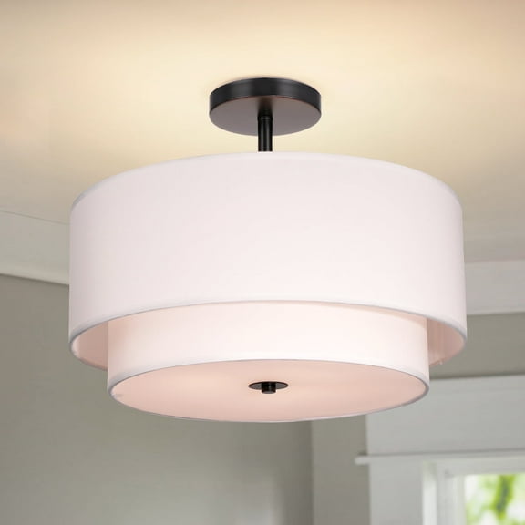 FRIDEKO HOME 15.7" Semi Flush Mount Ceiling Light, E26 Base,3 Light,2 Layer White Fabric Shade, Drum Light Fixture Bedroom,Dinning Room(Without Bulb)