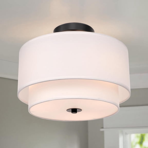 FRIDEKO HOME 3-Light Semi Flush Mount Ceiling Light Fixture, 12.6inch Modern Ceiling Light with 2-Layer White Drum Fabric Shade for Bedroom,Living Room,Kitchen,Hallway(Without Bulb)